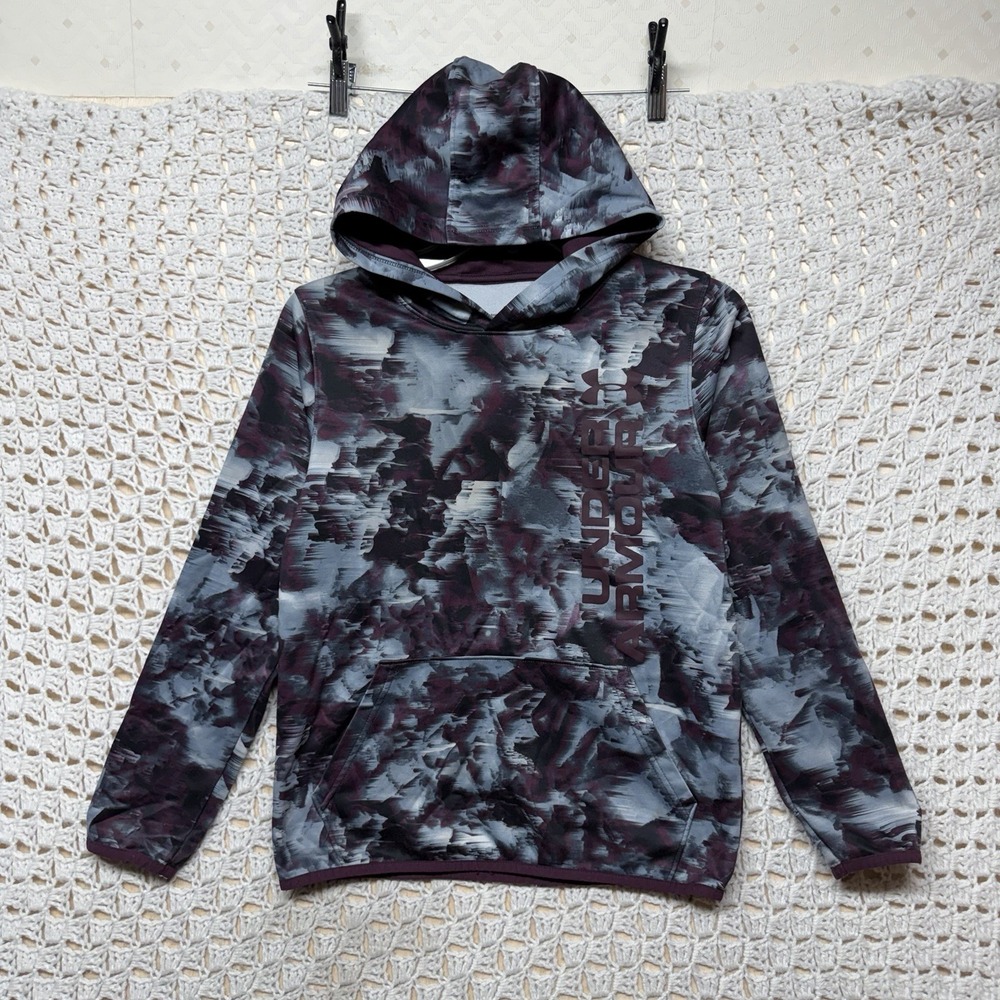 Under Armour Print Hoodie Sweatshirt Boys Youth‎ Sz L Burgundy Gray Black
